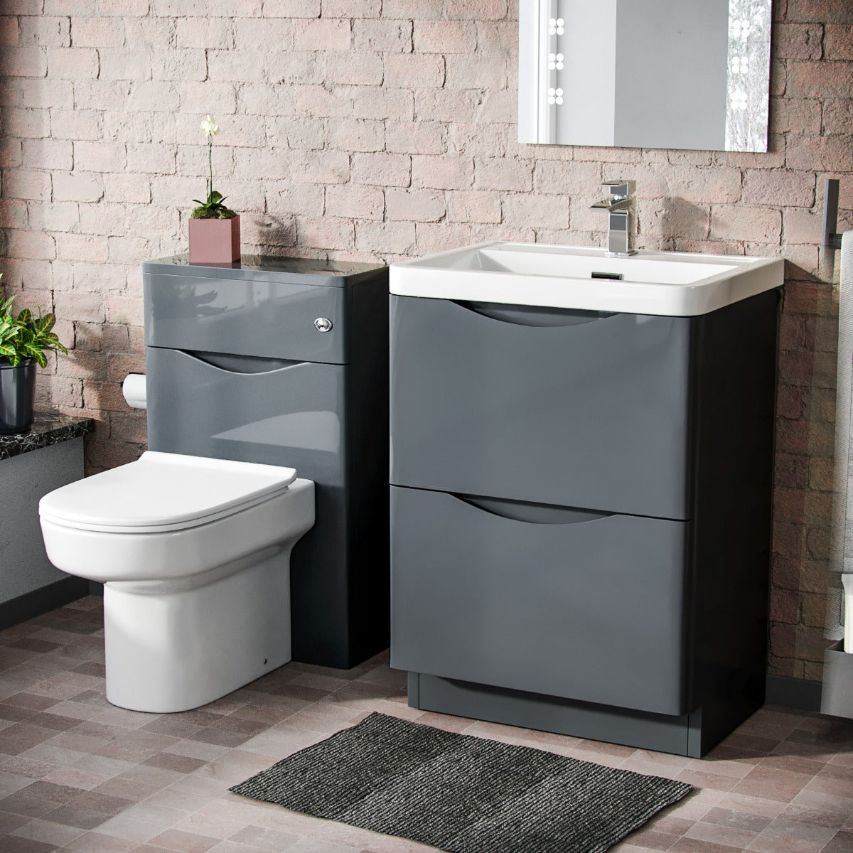 Merton 600mm 2 Drawer Vanity Basin Unit, WC Unit & Chem Back To Wall Toilet Dark Grey