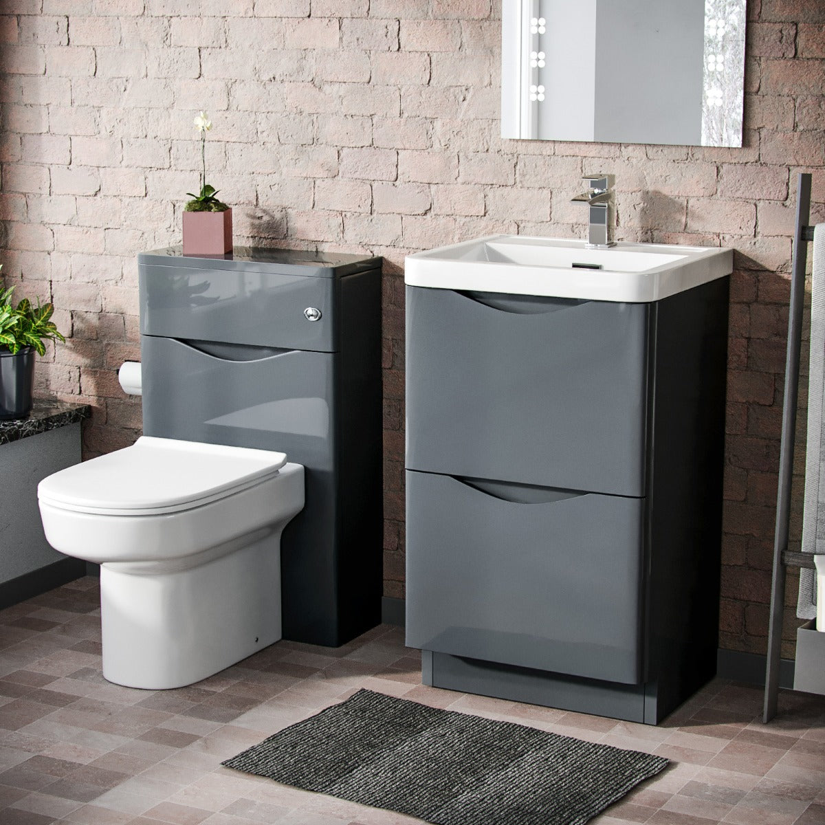 Merton 500mm 2 Drawer Vanity Basin Unit, WC Unit & Chem Back to Wall Toilet Dark Grey