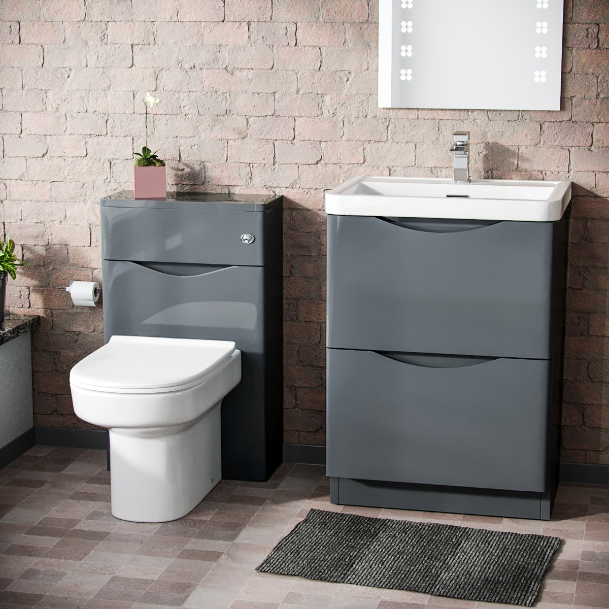 Merton 600mm 2 Drawer Vanity Basin Unit, WC Unit & Chem Back To Wall Toilet Dark Grey
