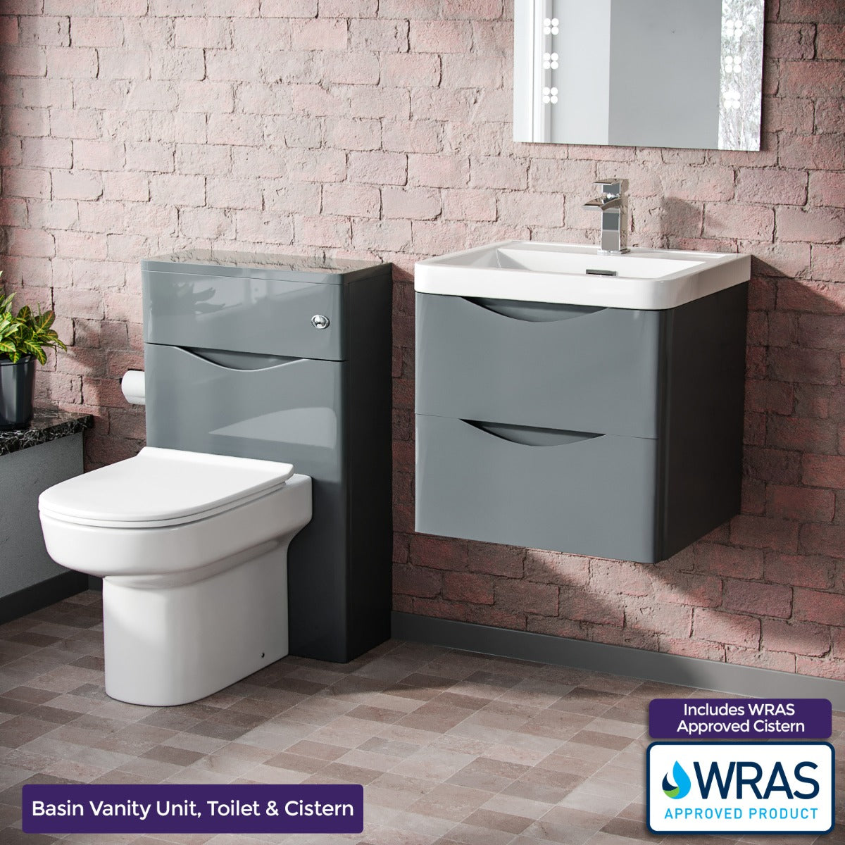Merton 500mm Wall Hung Vanity Basin Unit, WC Unit & Chem Back to Wall Toilet Dark Grey
