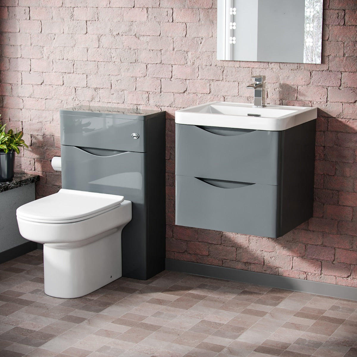 Merton 500mm Wall Hung Vanity Basin Unit, WC Unit & Chem Back to Wall Toilet Dark Grey