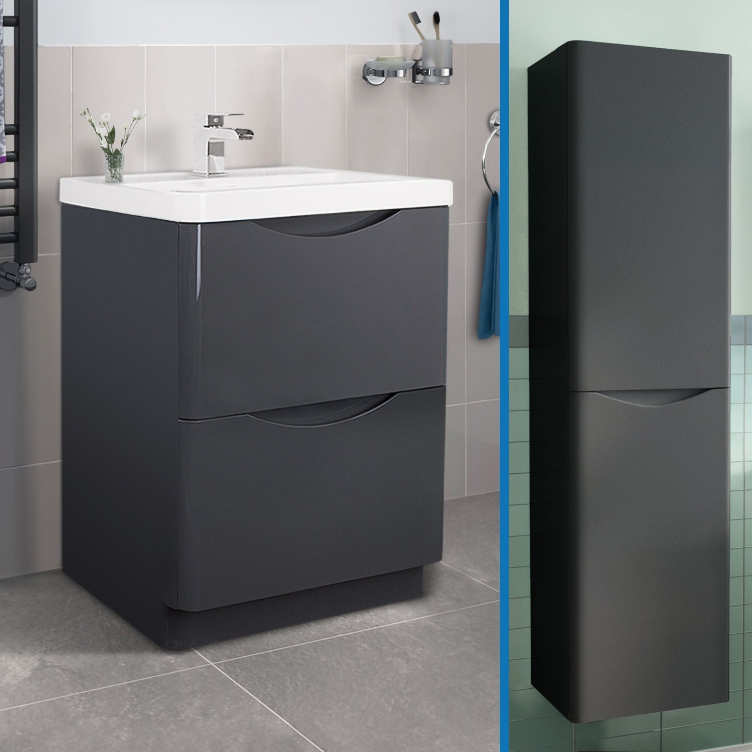 Merton 600mm Dark Grey Freestanding Bathroom Vanity Basin Unit + Wall Hung Tall Storage Cabinet