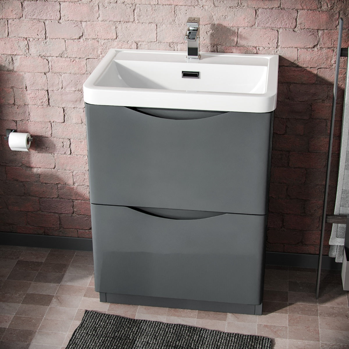 Merton Dark Grey Basin Sink Flat Pack Vanity Unit with a Waterfall Basin Mixer Tap and Waste Set