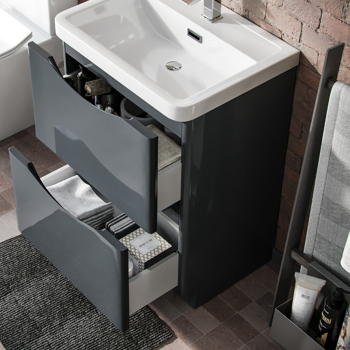 Merton 600mm 2 Drawer Vanity Basin Unit, WC Unit & Chem Back To Wall Toilet Dark Grey