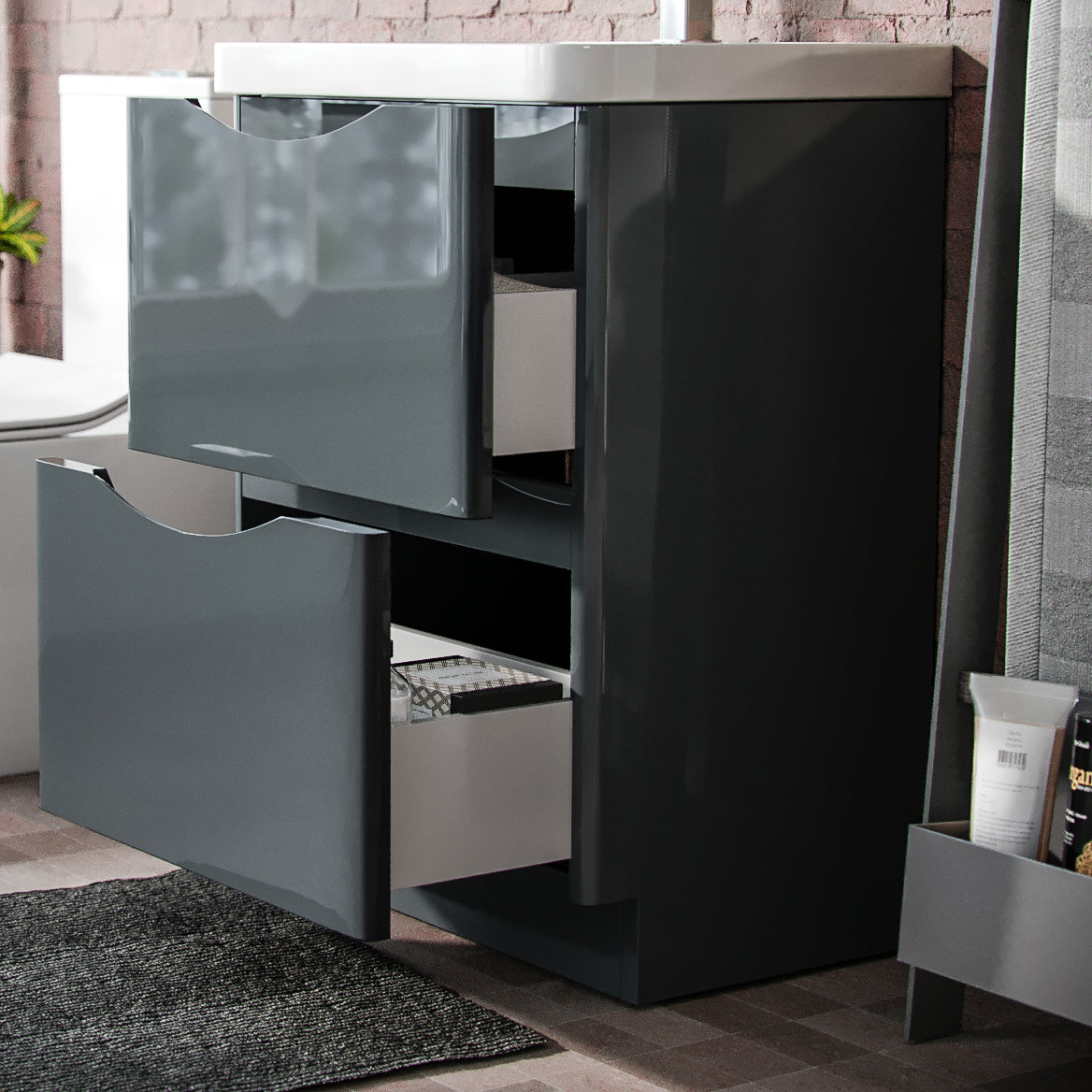 Merton 600mm 2 Drawer Vanity Basin Unit, WC Unit & Chem Back To Wall Toilet Dark Grey