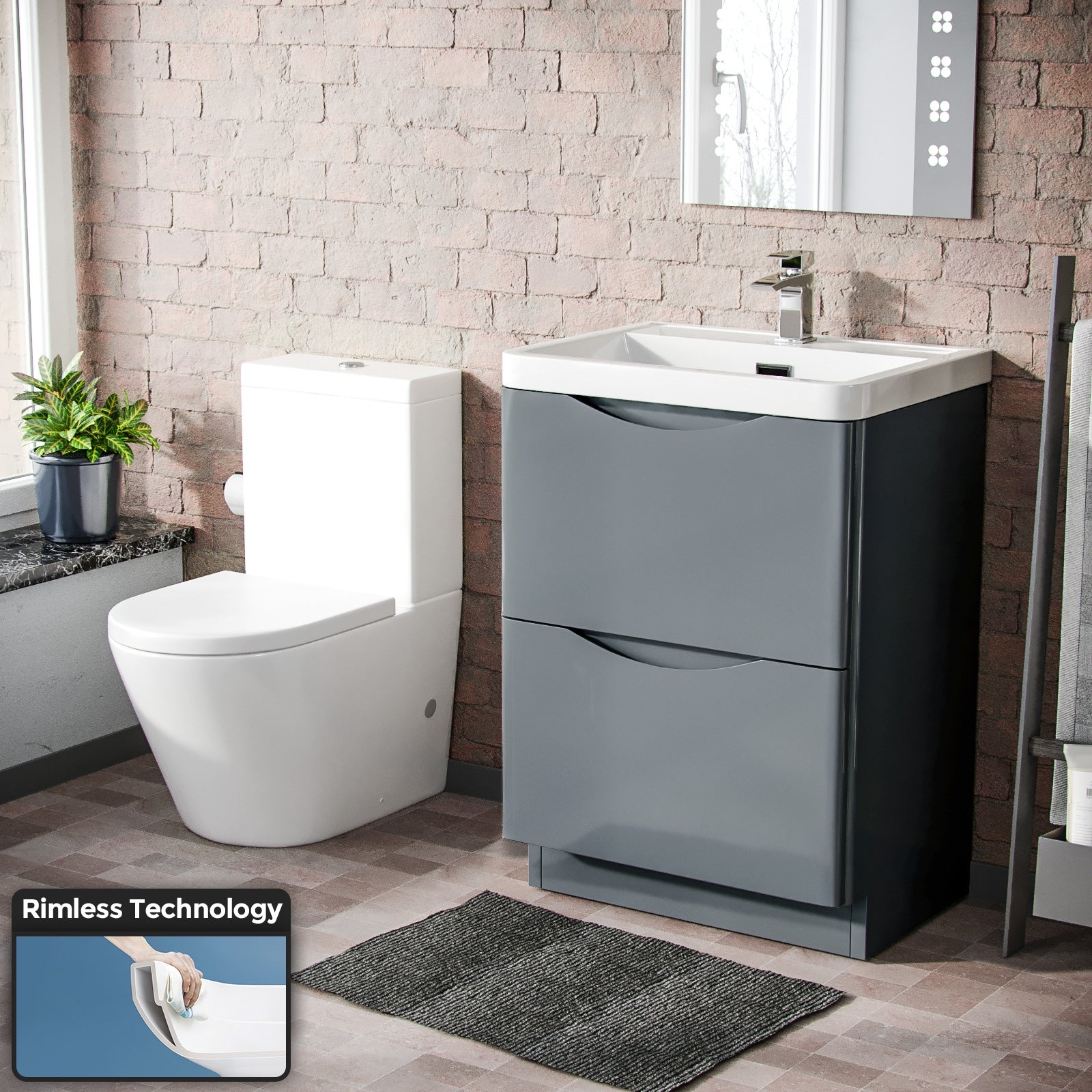 Merton Grey 600 mm Basin Sink Vanity and Rimless Close Coupled Toilet