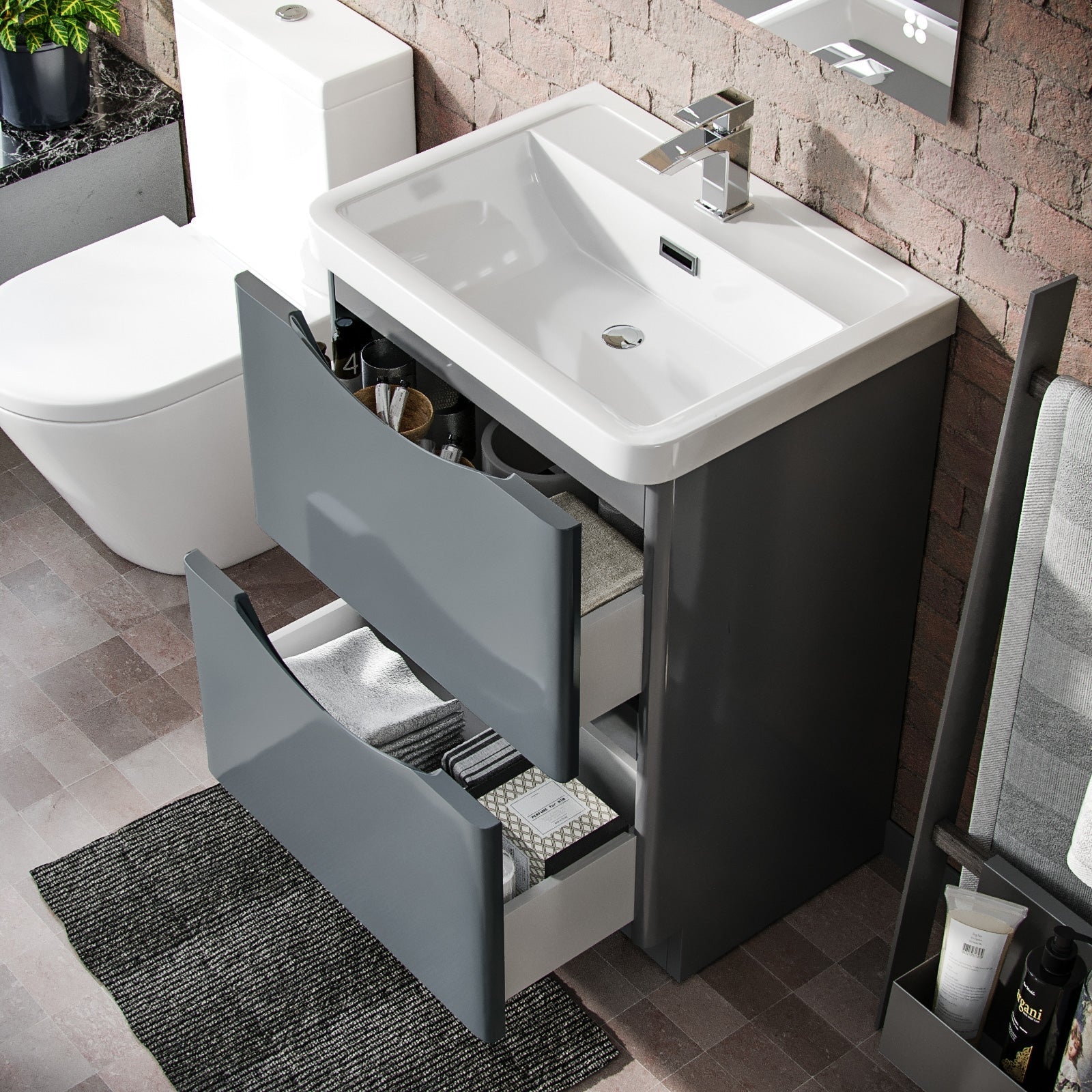 Merton Grey 600 mm Basin Sink Vanity and Rimless Close Coupled Toilet