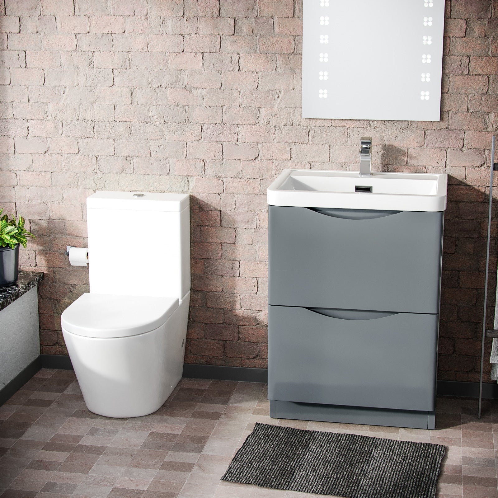 Merton Grey 600 mm Basin Sink Vanity and Rimless Close Coupled Toilet