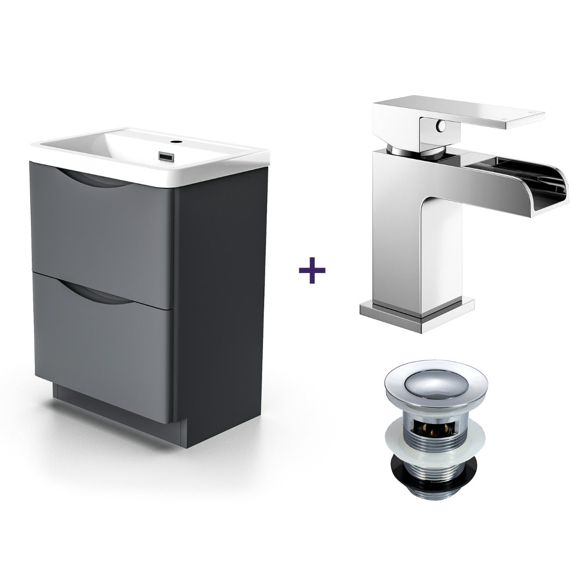Merton Dark Grey 600mm Flat Pack Vanity Cabinet with a Waterfall Basin Tap and Waste Set