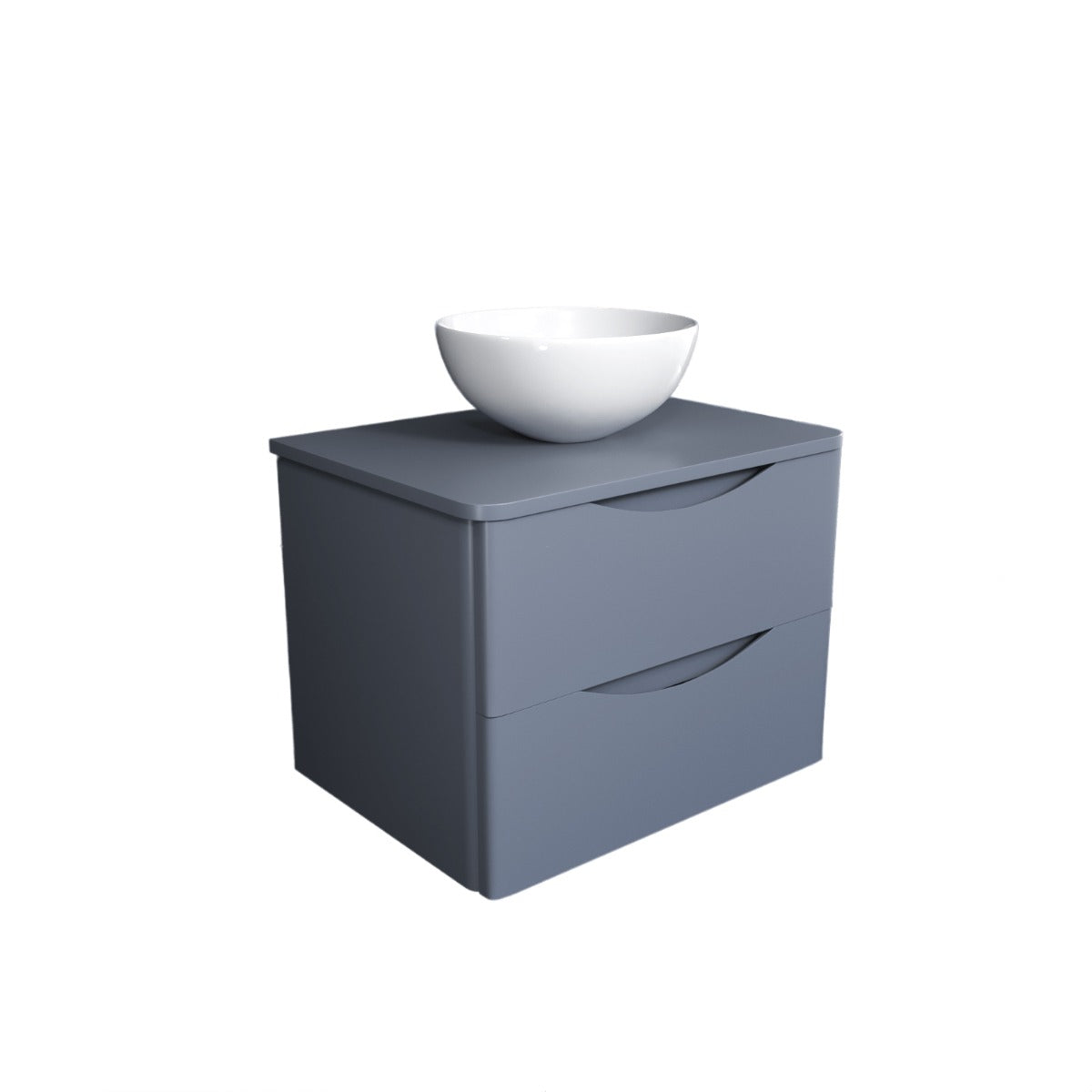 Gray cabinet with a white bowl on top against a white background