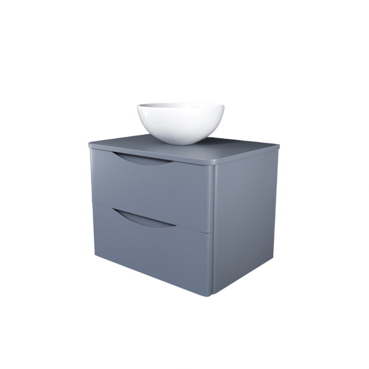 Gray cabinet with a white bowl on top against a white background