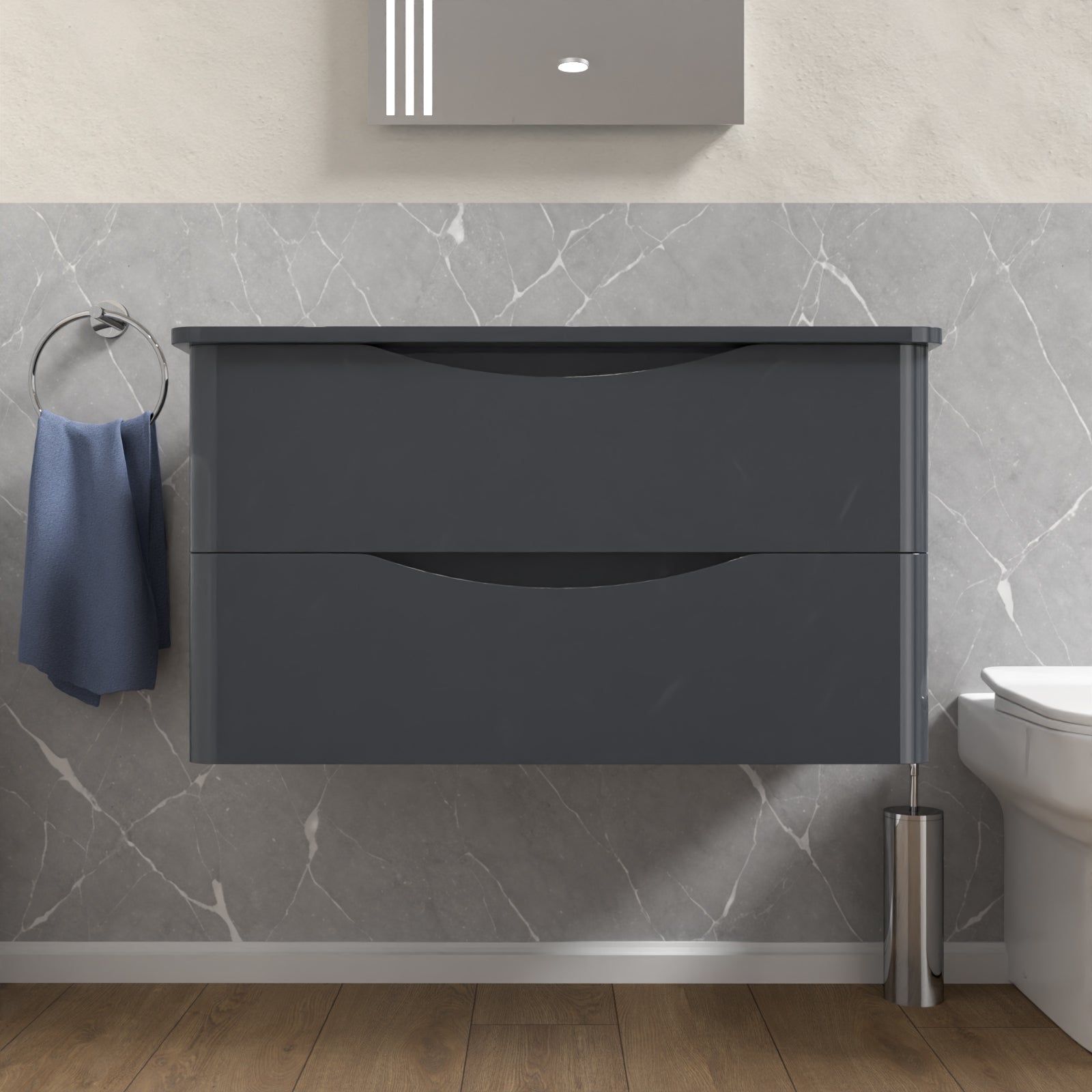 Bathroom vanity with two drawers against a tiled wall.