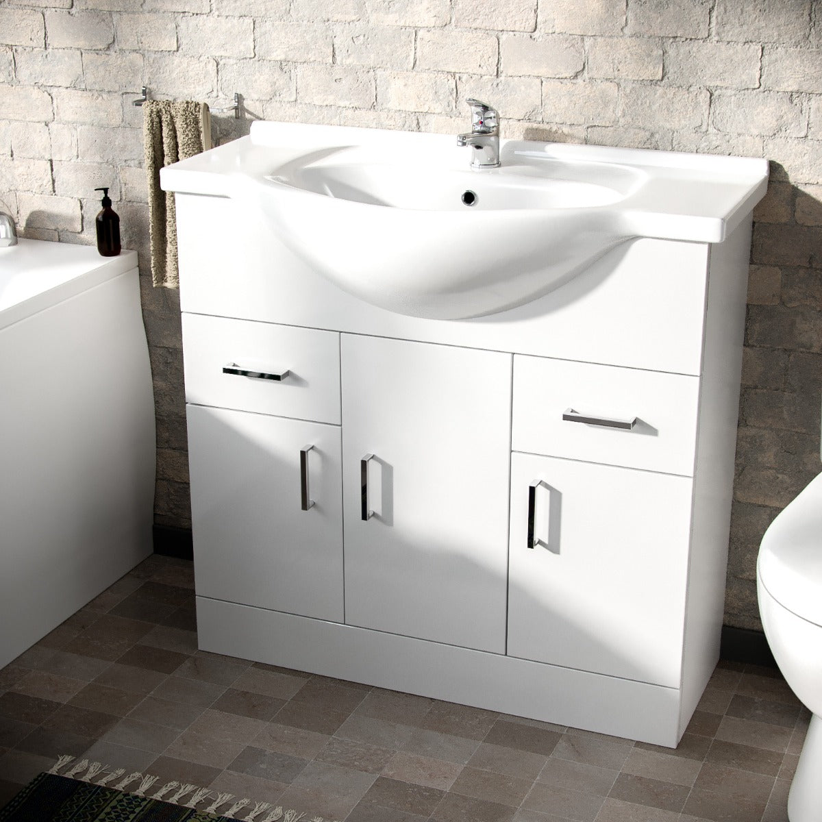 Ellen White 850mm Basin Vanity Unit Toilet & Bath Tub 3-Piece Bathroom Suite