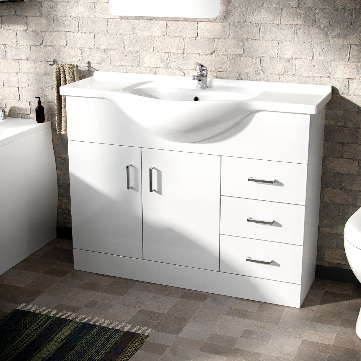 Ellen White 1050mm Basin Vanity Unit Round Bath Tub & Close Coupled Toilet