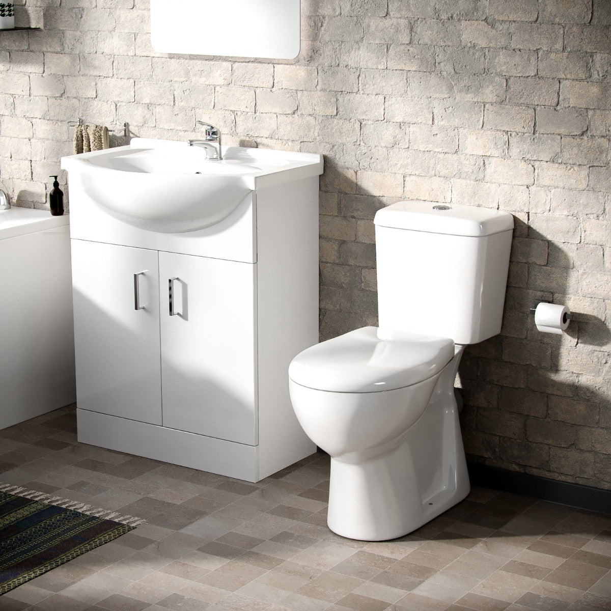 Ellen White 650mm Basin Vanity Unit Close Coupled Toilet & Round Bath Tub Suite