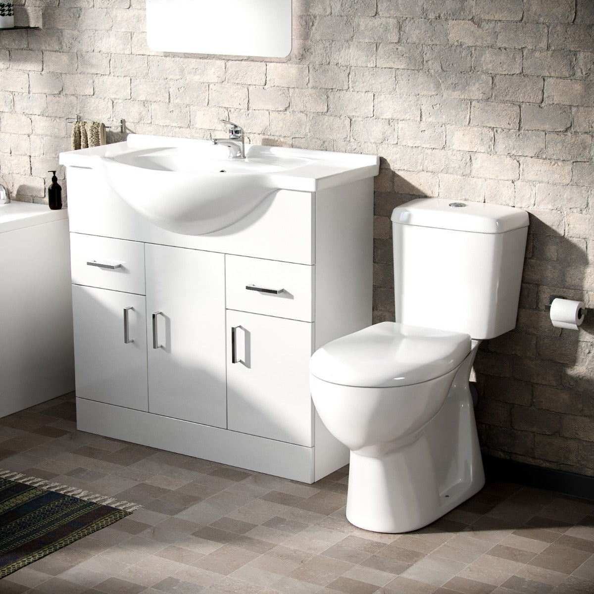Ellen White 850mm Basin Vanity Unit Toilet & Bath Tub 3-Piece Bathroom Suite