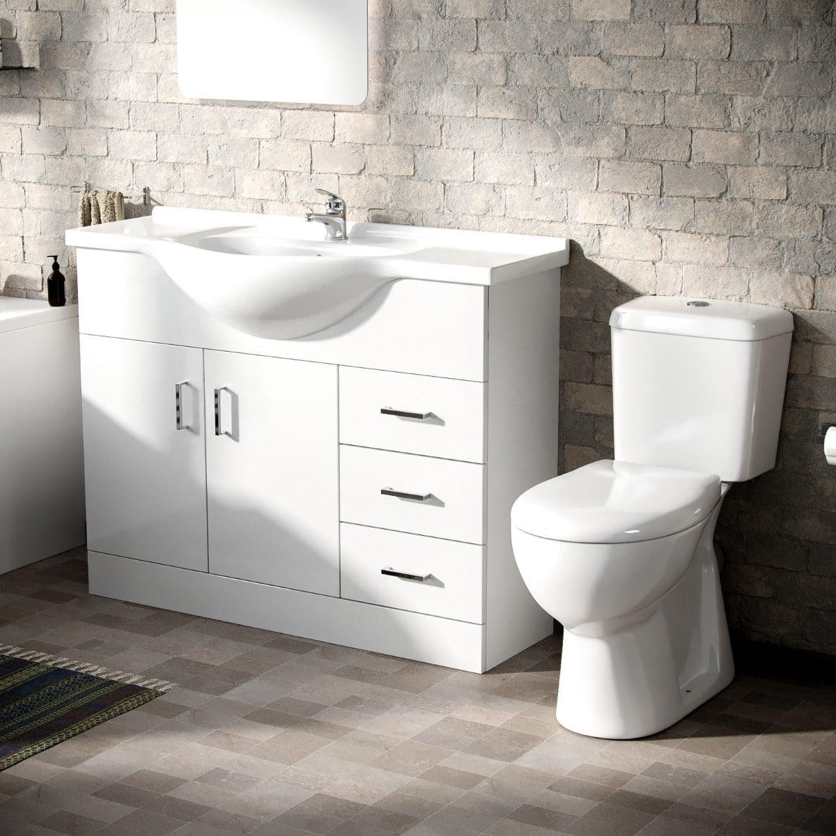 Ellen White 1050mm Basin Vanity Unit Round Bath Tub & Close Coupled Toilet