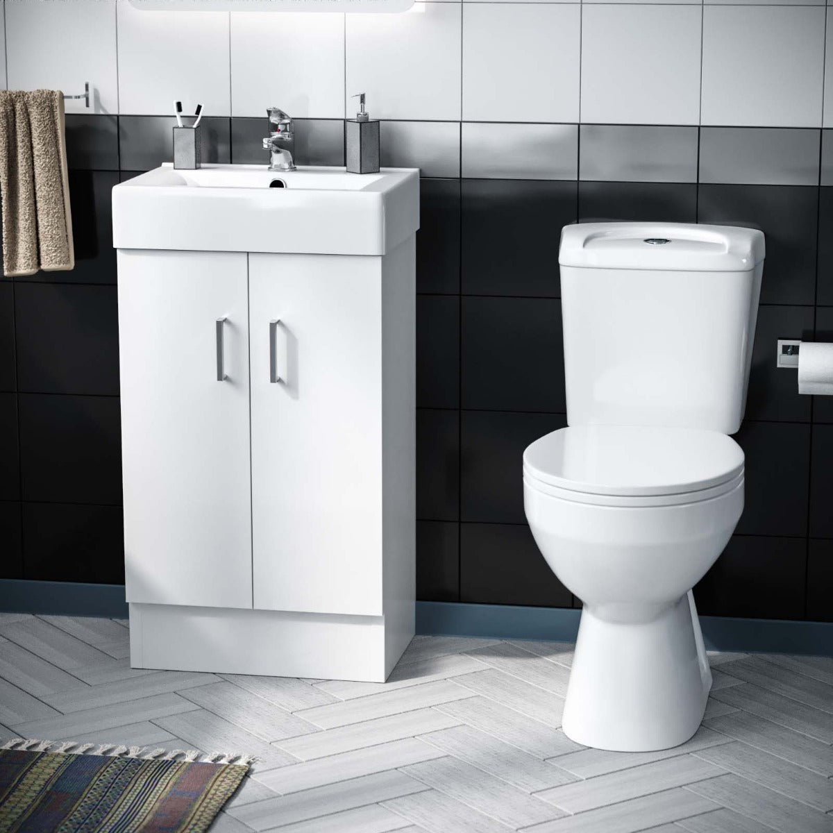 Nanuya 450 Flat Pack Vanity & WC Toilet Pan and Round Bathtub Suite