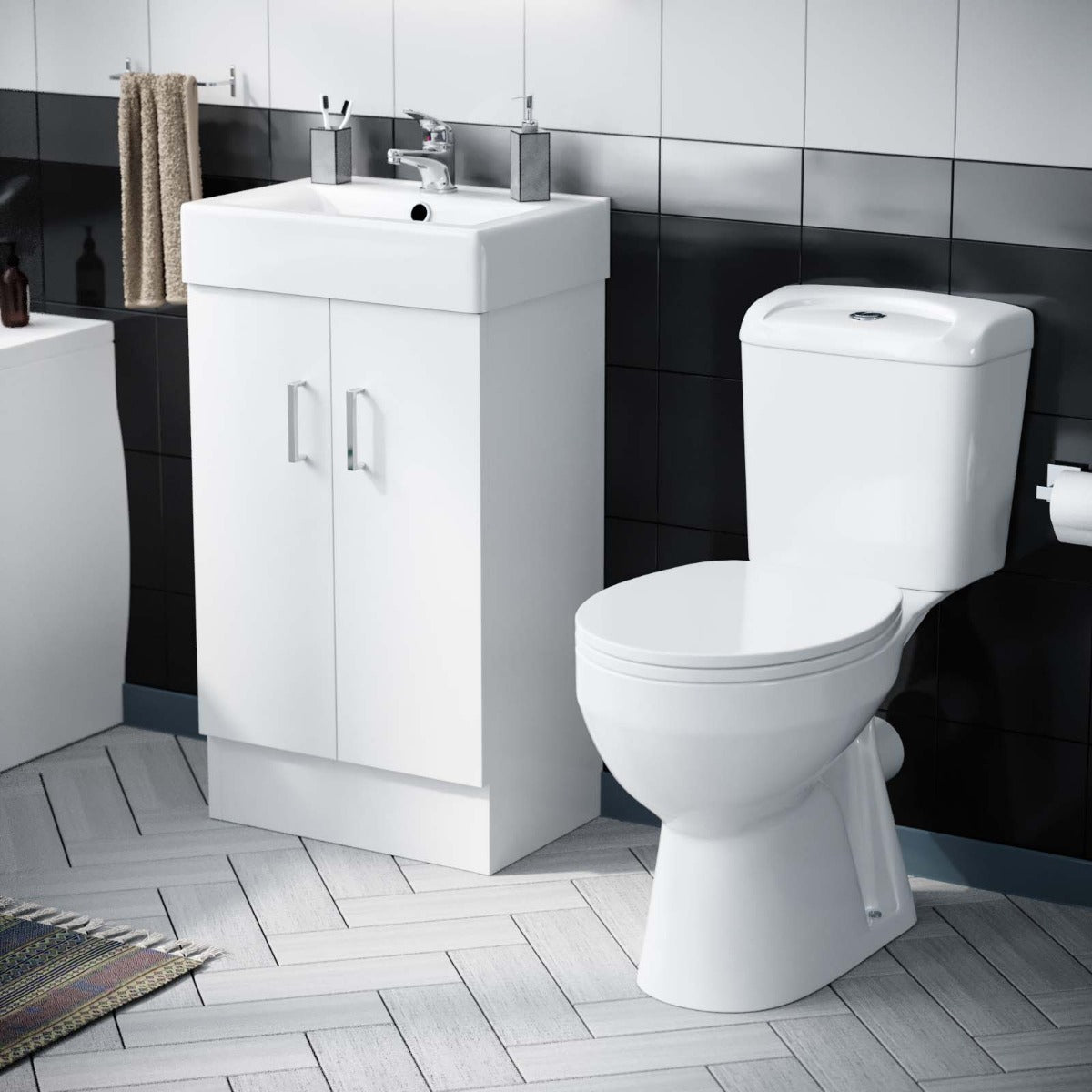 Nanuya 500 Flat Pack Vanity & WC Toilet Pan and Round Bathtub & Panels
