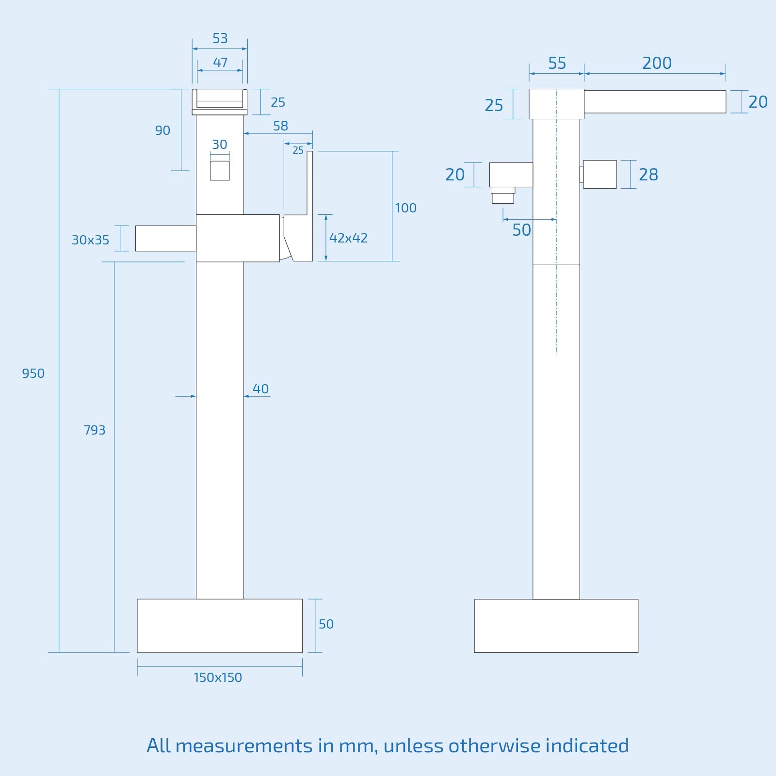 Technical drawing with dimensions on a light blue background