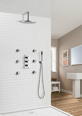 Flora 3 way 3 dial Round Concealed Thermostatic Mixer Valve, Body Jets, Shower head and handheld