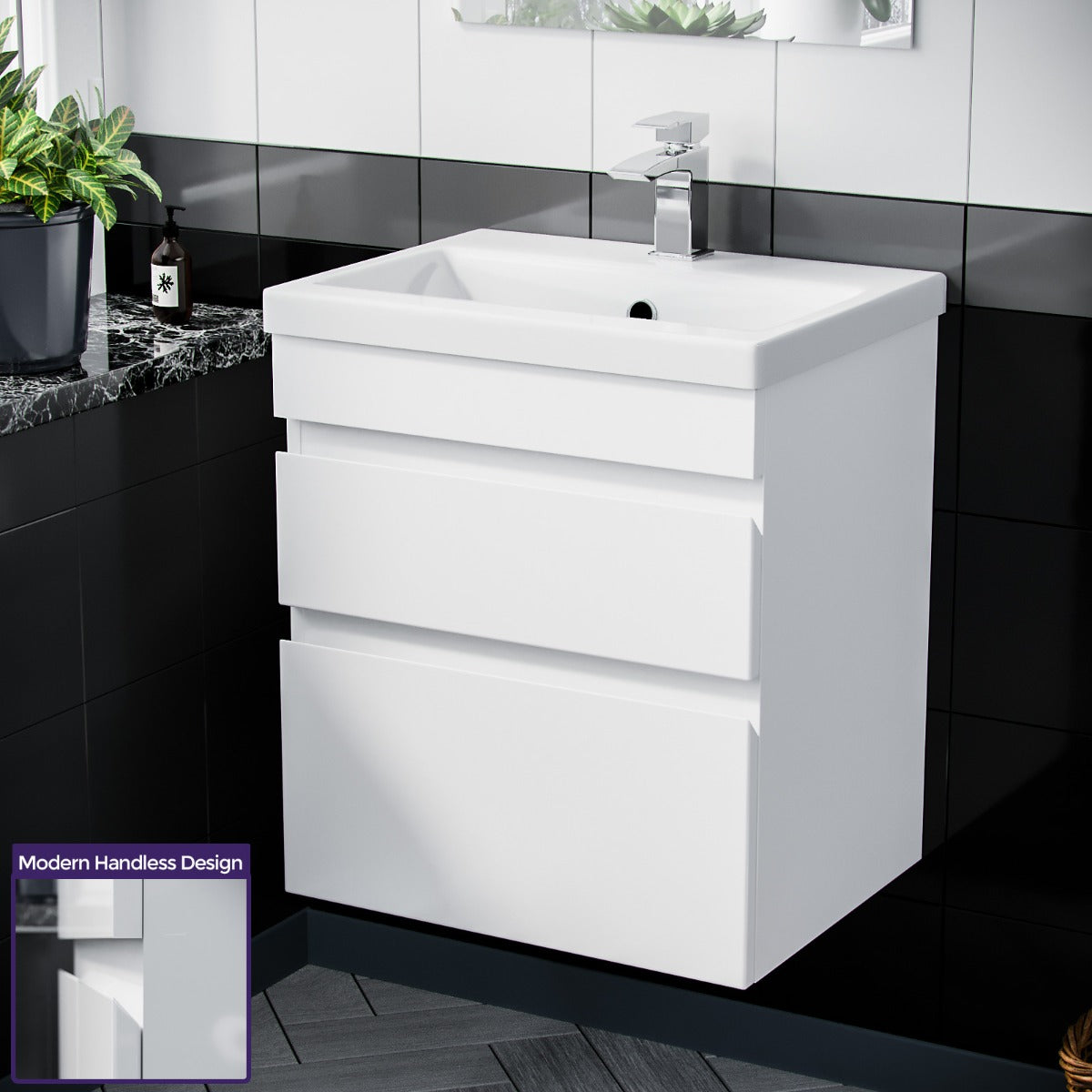 Alaska 600mm 2 Drawer White Wall Hung Vanity Cabinet and Basin Sink Unit