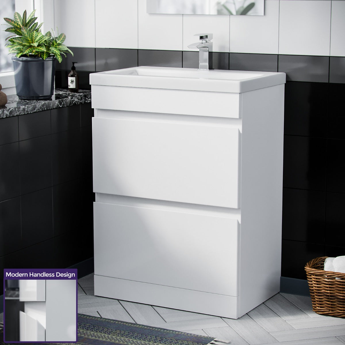 Alaska 600mm 2 Drawer White Floorstanding Vanity Cabinet and Basin Sink Unit