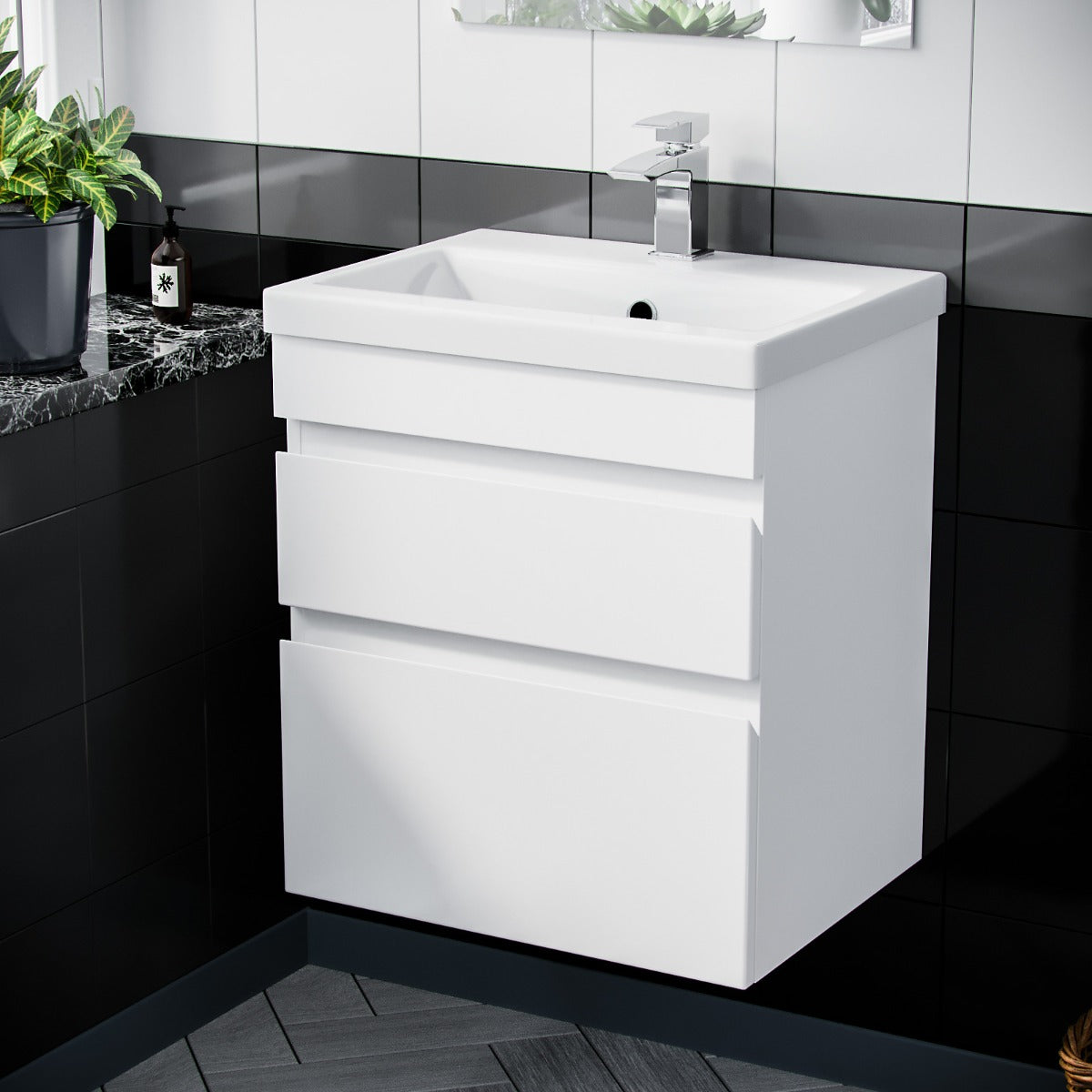 Alaska 600mm 2 Drawer White Wall Hung Vanity Cabinet and Basin Sink Unit