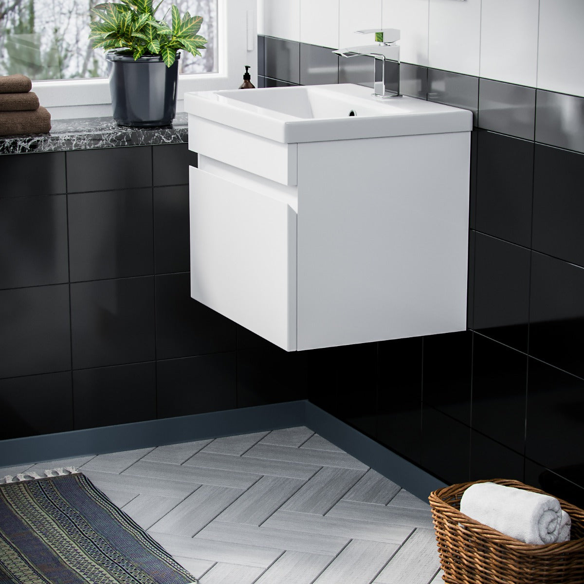 Alaska 500mm 1 Drawer White Wall Hung Vanity Cabinet and Basin Sink Unit