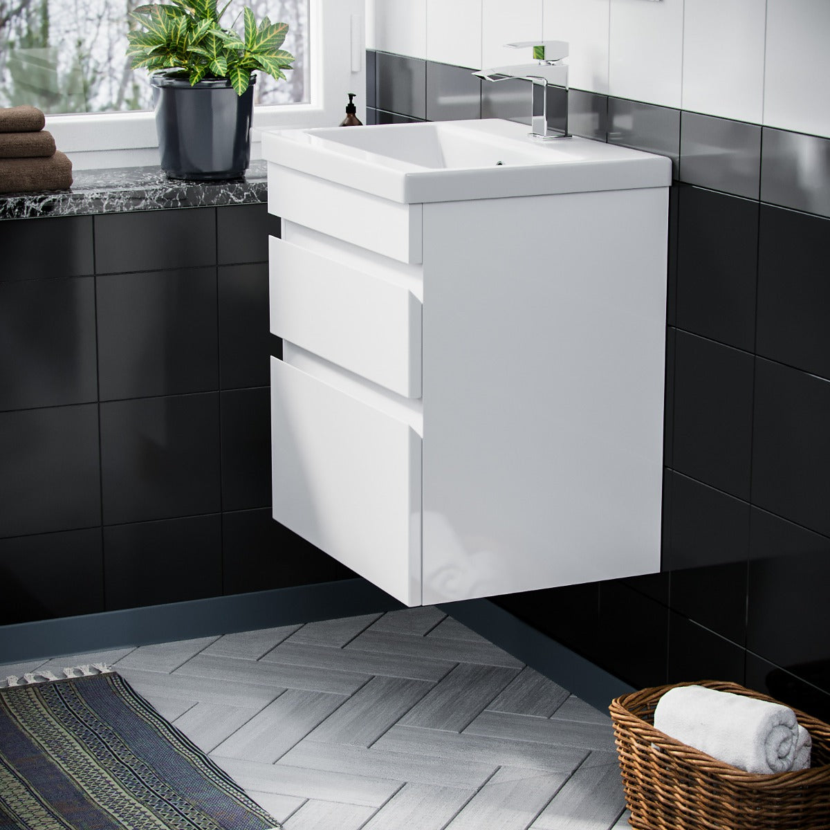 Alaska 600mm 2 Drawer White Wall Hung Vanity Cabinet and Basin Sink Unit