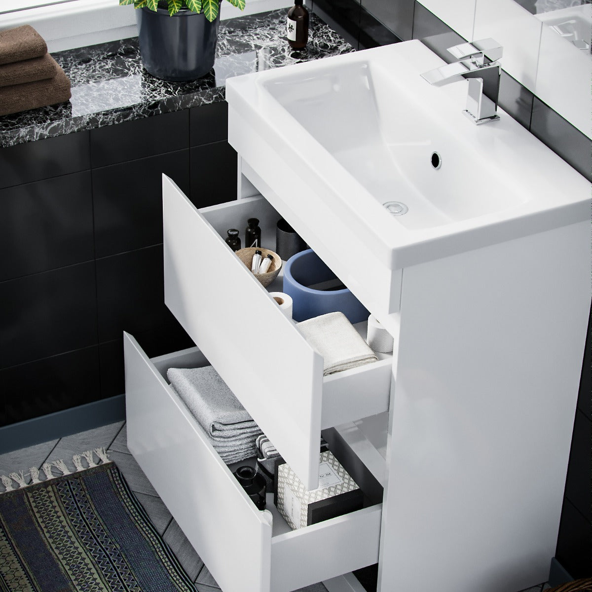 Alaska 600mm 2 Drawer White Floorstanding Vanity Cabinet and Basin Sink Unit