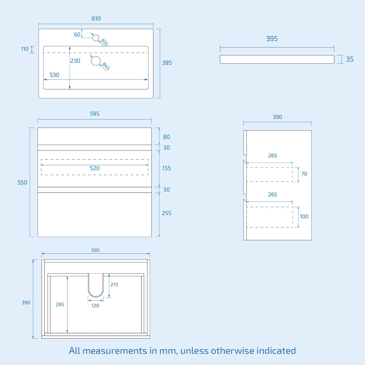 Alaska 600mm 2 Drawer White Wall Hung Vanity Cabinet and Basin Sink Unit