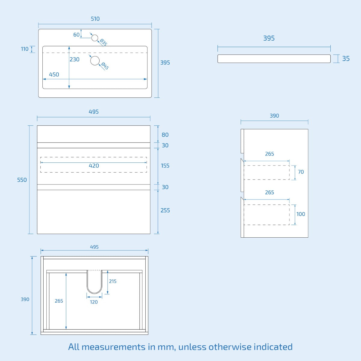 Technical drawings with measurements in millimeters on a light blue background