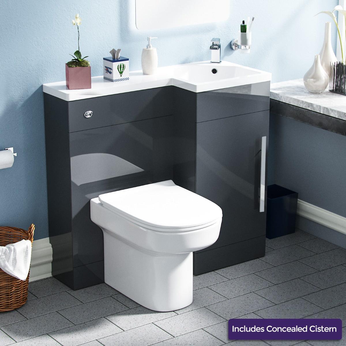 Alaska RH 900mm Flat Pack Vanity Basin Unit, WC Unit & Chem Back to Wall Toilet Grey