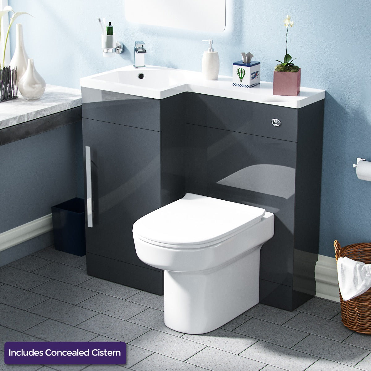 Alaska LH 900mm Flat Pack Vanity Basin Unit, WC Unit & Chem Back to Wall Toilet Grey