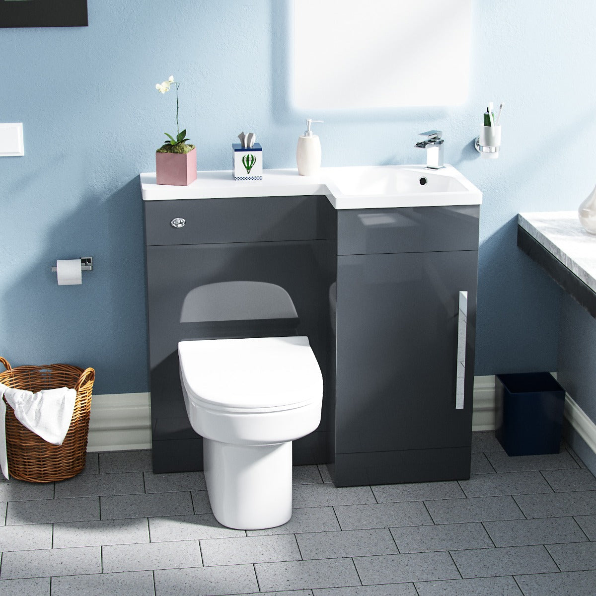 Alaska RH 900mm Flat Pack Vanity Basin Unit, WC Unit & Chem Back to Wall Toilet Grey