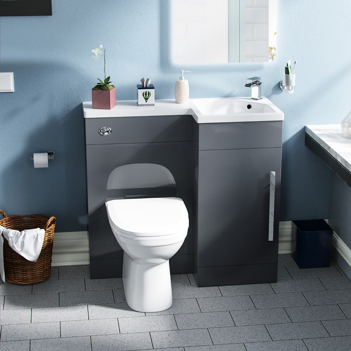 Alaska Flat Pack 900mm Vanity Basin Unit, WC Unit & Welbourne Back to Wall Toilet Grey
