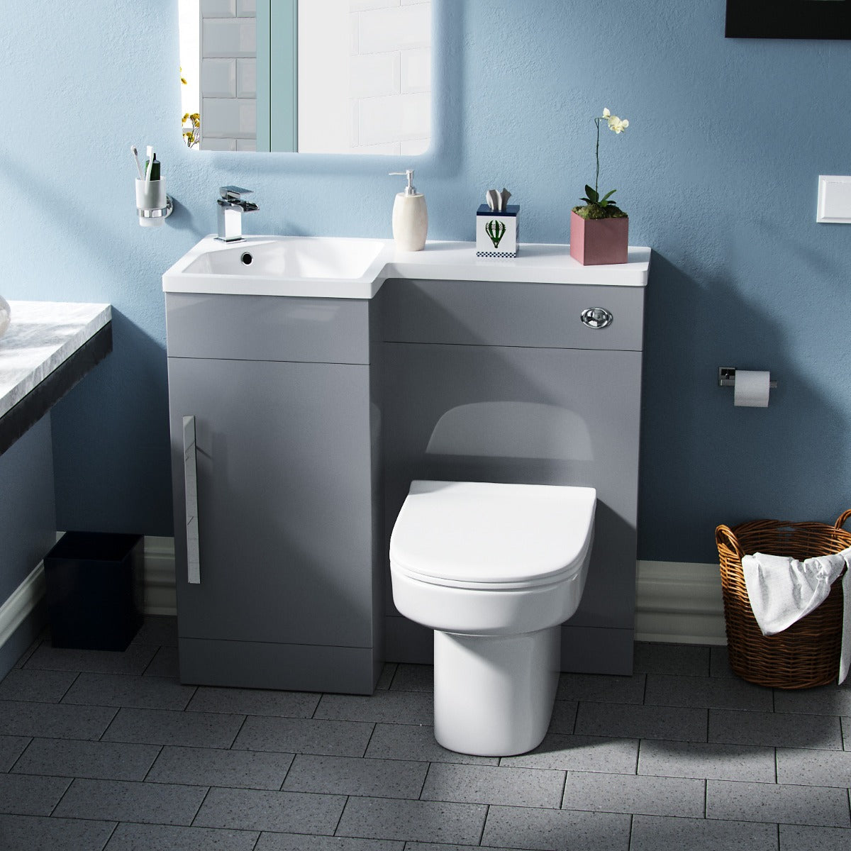 Alaska LH 900mm Flat Pack Vanity Basin Unit, WC Unit & Chem Back to Wall Toilet Grey