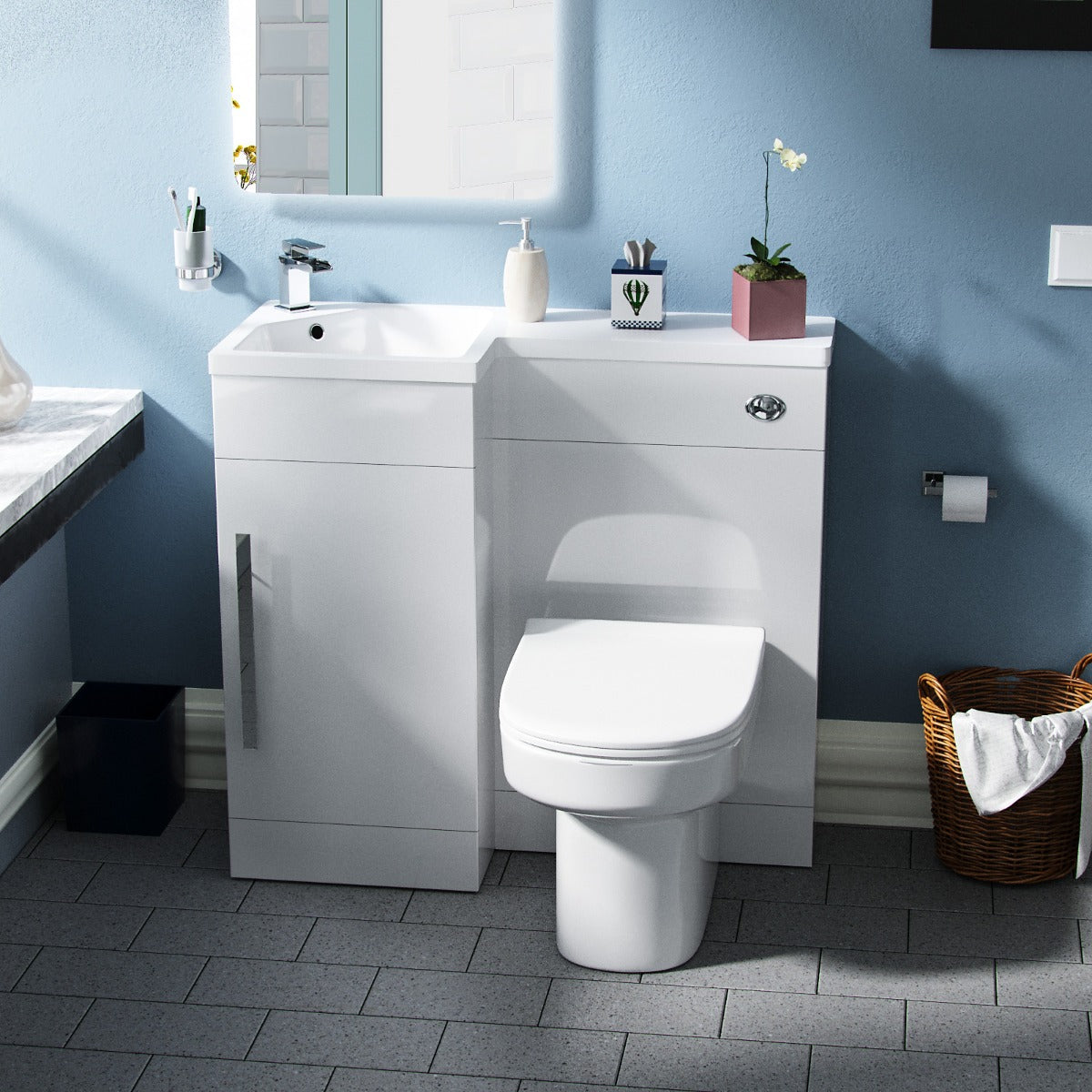 Alaska Left Hand 900mm Vanity Basin Unit, WC Unit & Chem Back to Wall Toilet White