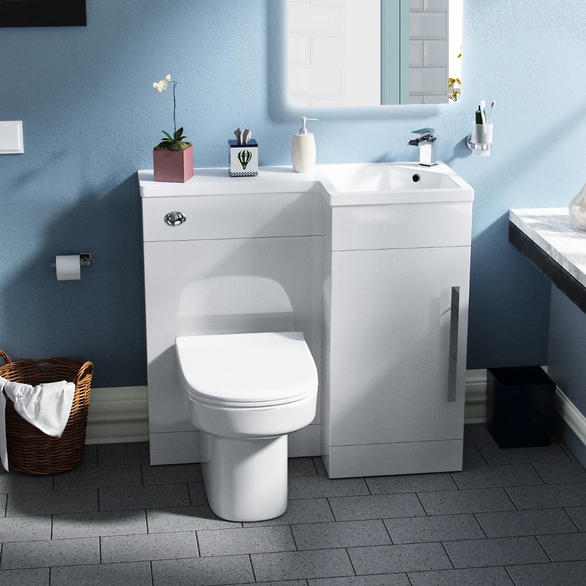 Alaska Right Hand 900mm Vanity Basin Unit, WC Unit & Chem Back to Wall Toilet White