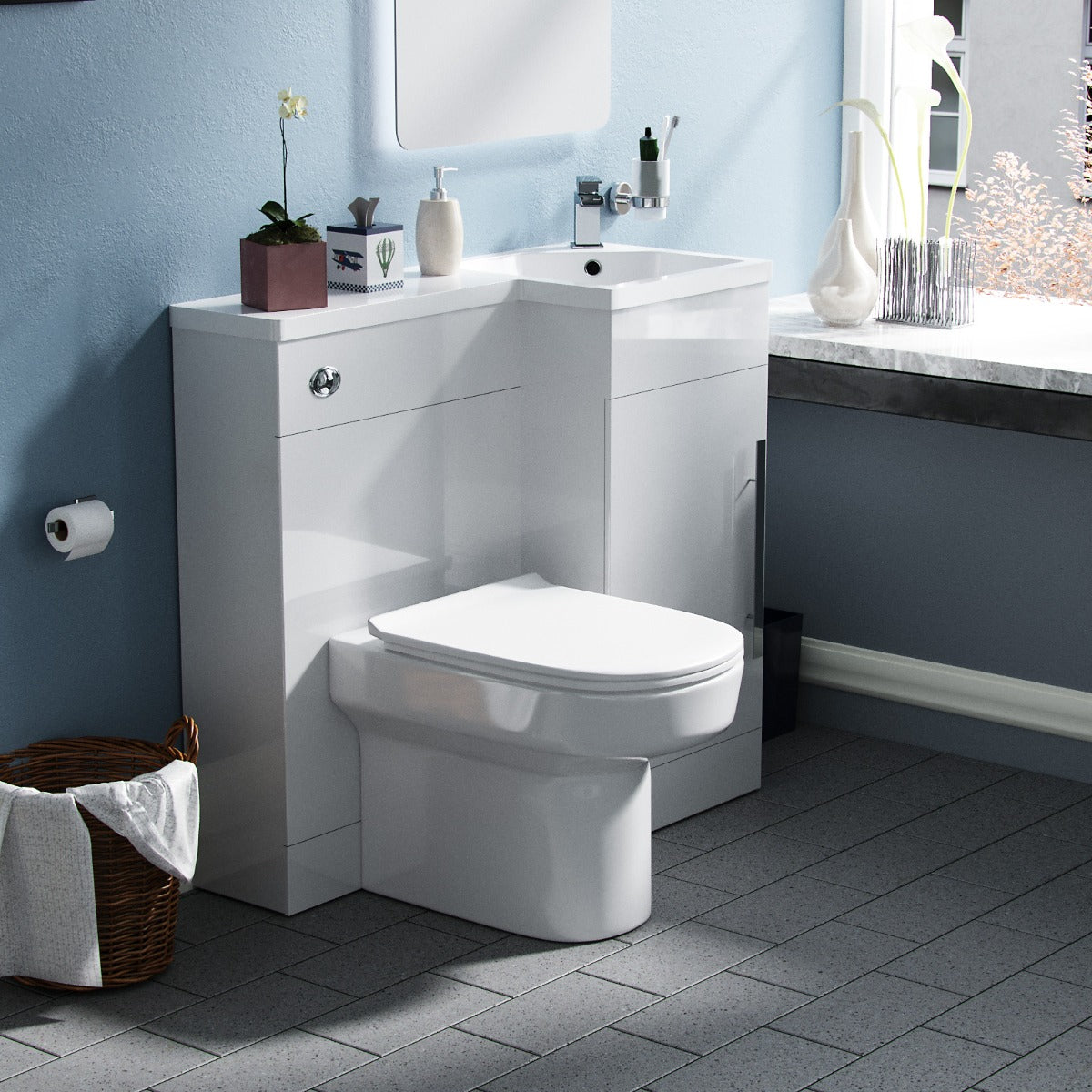 Alaska Right Hand 900mm Vanity Basin Unit, WC Unit & Chem Back to Wall Toilet White