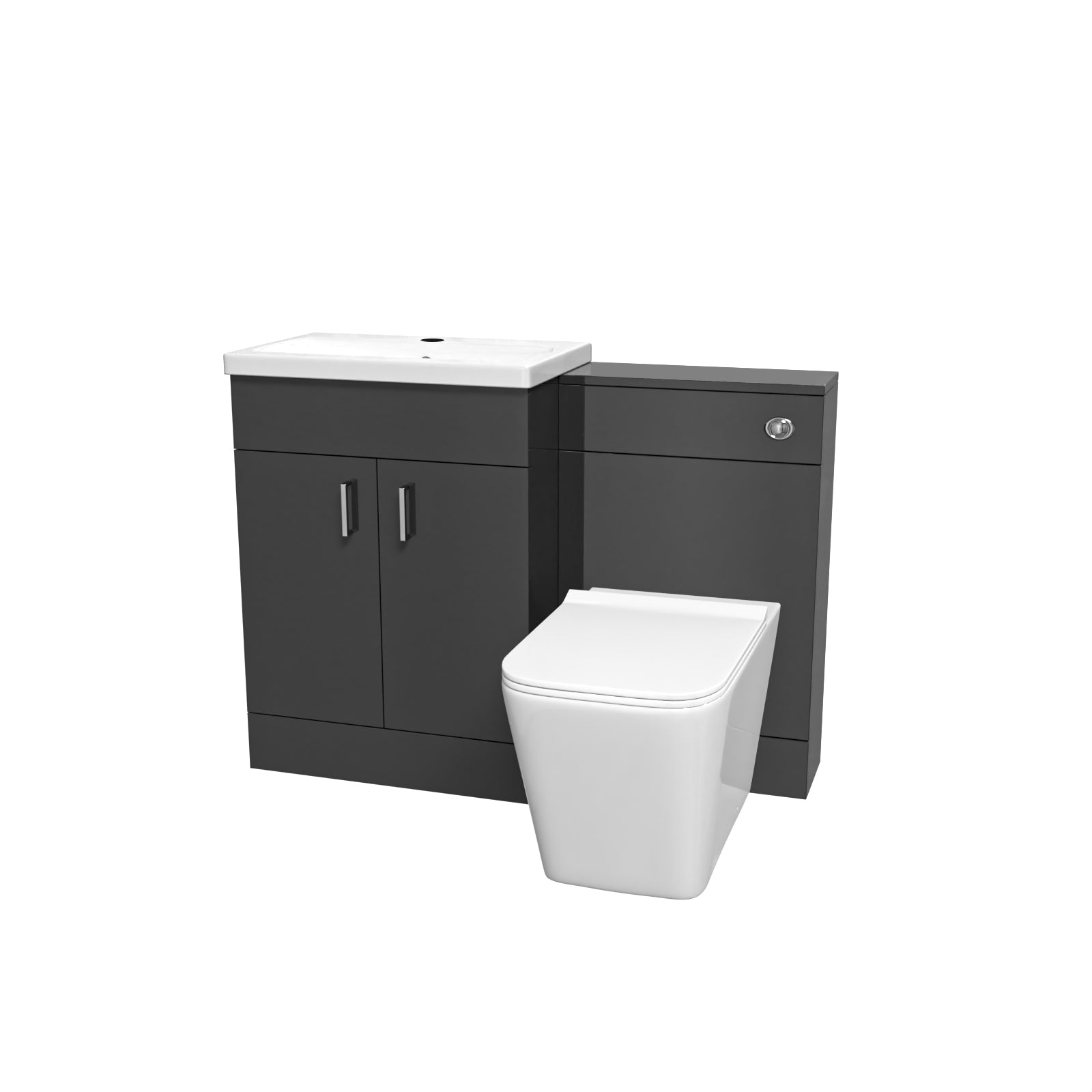 Bathroom vanity unit with white sink and toilet on a white background