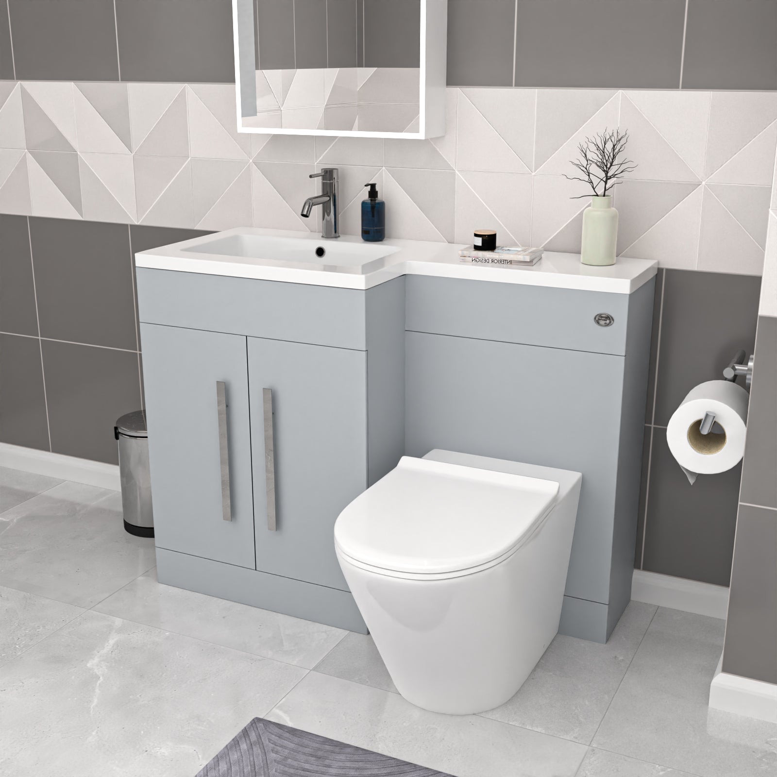 Silver accent cabinet with toilet and attached basin