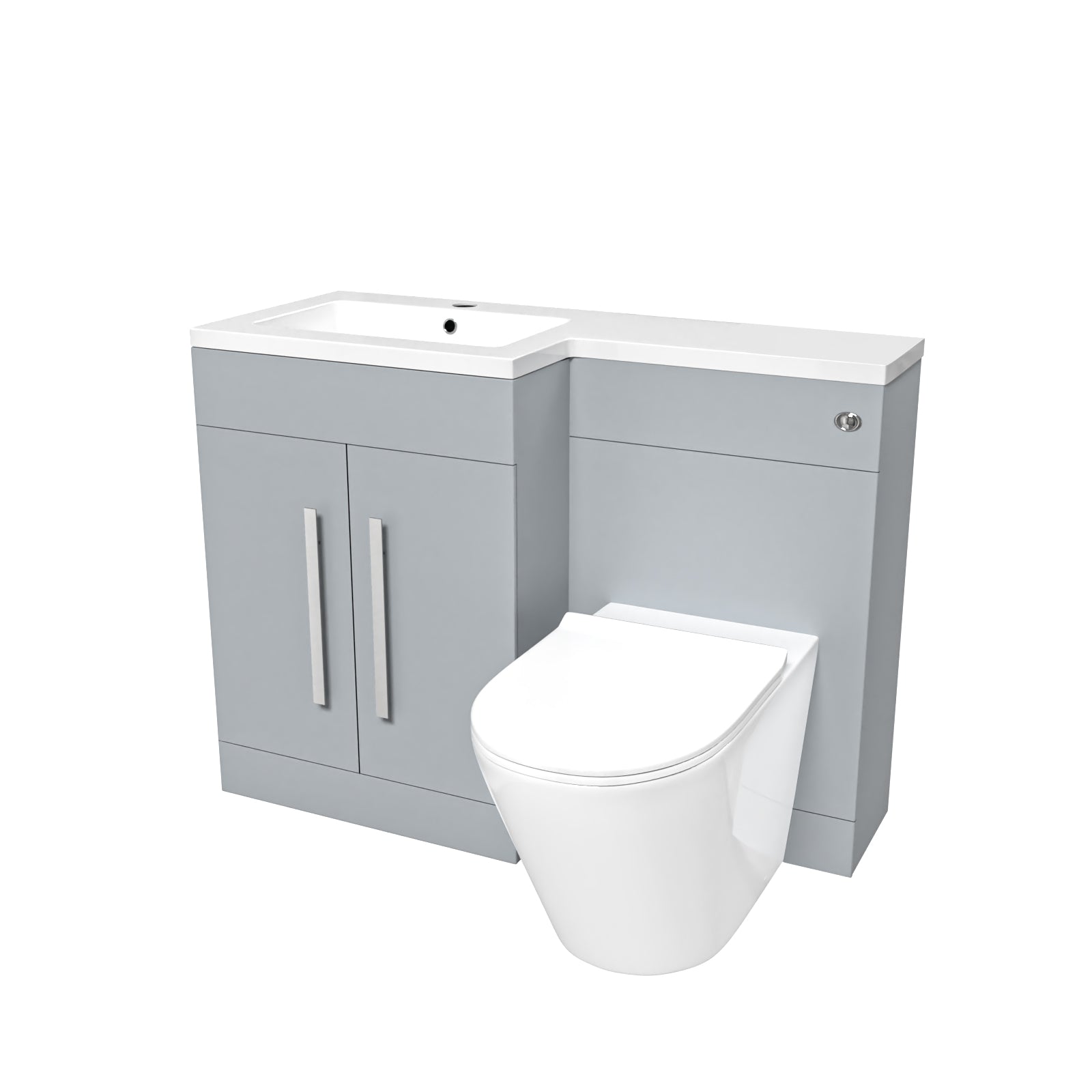 Bathroom vanity unit with sink and toilet on a white background