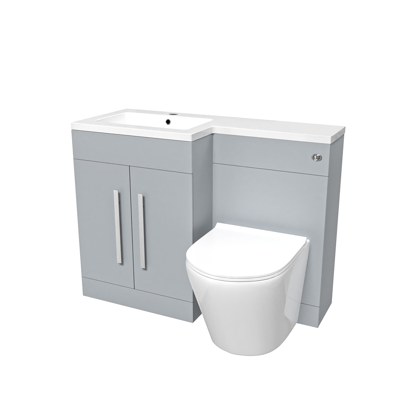Bathroom vanity unit with sink and toilet on a white background