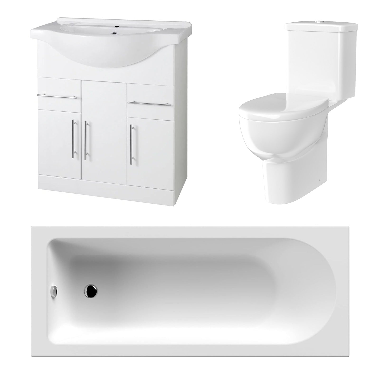 Modern White 3 Piece Bathroom Suite | 1700mm Bath + 800mm Vanity Basin & Close Coupled Toilet | Bathroom Republic
