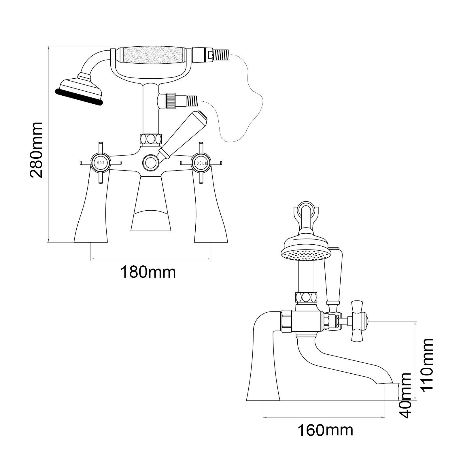 Edwardian Deck Mounted Bath Shower Mixer Tap Quarter Turn Cross Handle