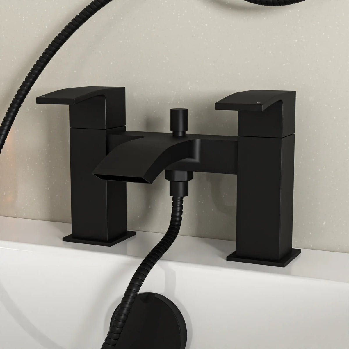 Kinver Square Shower Riser Rail Kit With Bath Mixer Tap & Handset Matte Black