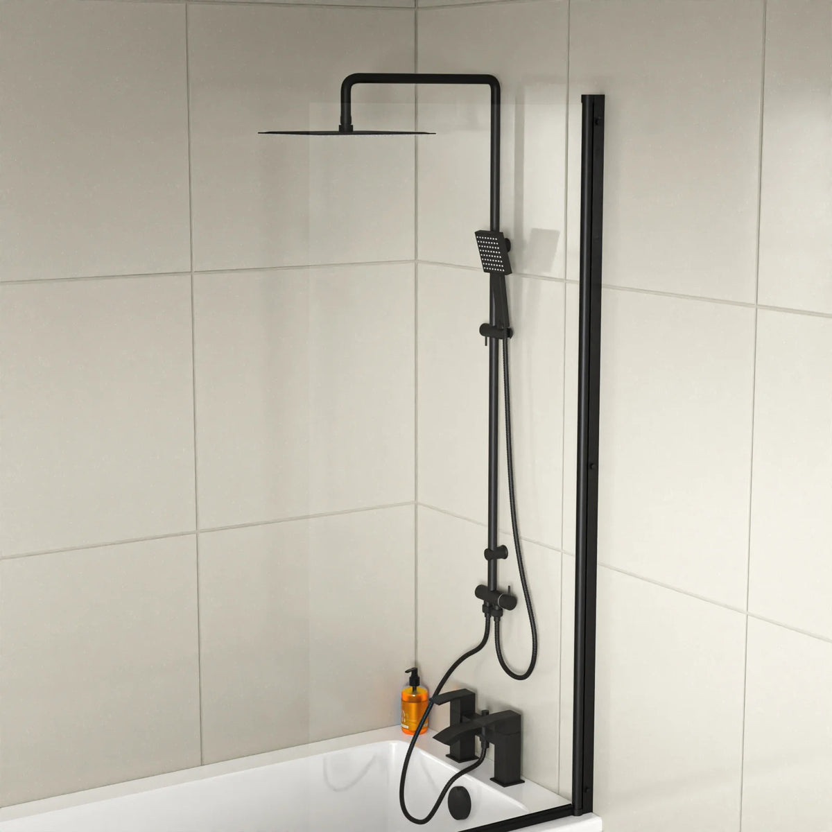 Kinver Square Shower Riser Rail Kit With Bath Mixer Tap & Handset Matte Black