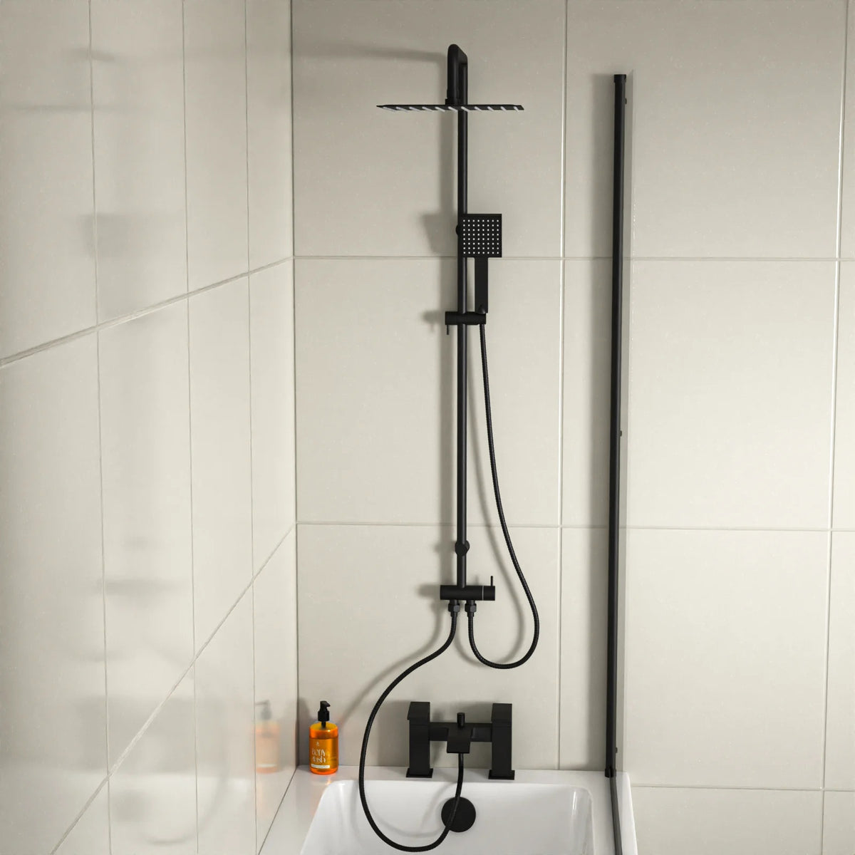 Kinver Square Shower Riser Rail Kit With Bath Mixer Tap & Handset Matte Black